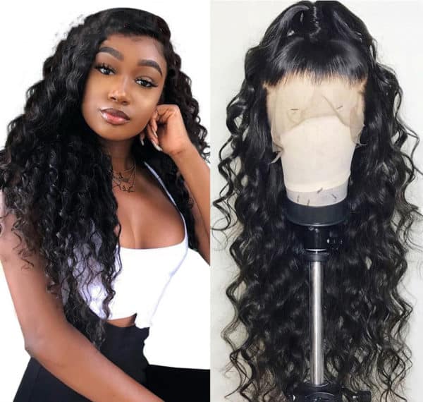 Perruque noire avec boucles en fibre