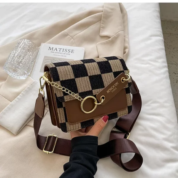 Mini sacs à bandoulière à rabat en tissu damier pour femmes, sac à main design de marque de luxe, sacs à main initiés simples – Image 4